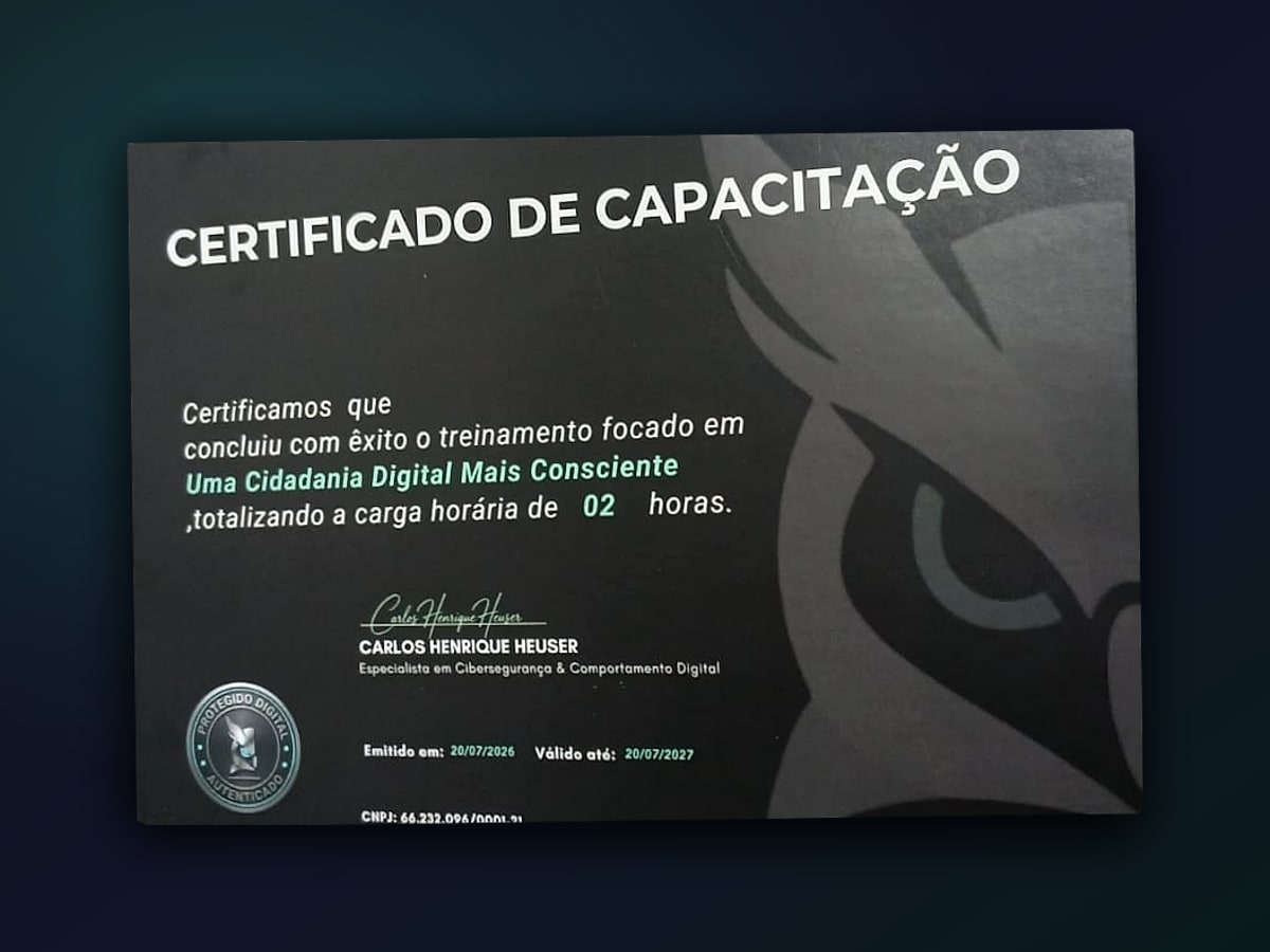 Certificado de capacitação Uma Cidadania Digital Mais Consciente, com carga horária de 2 horas